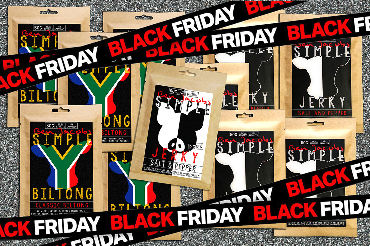 5 x 50g Hovězí Jerky + 5 x 50g Biltong + 1 zdarma sáček Vepřového Jerky