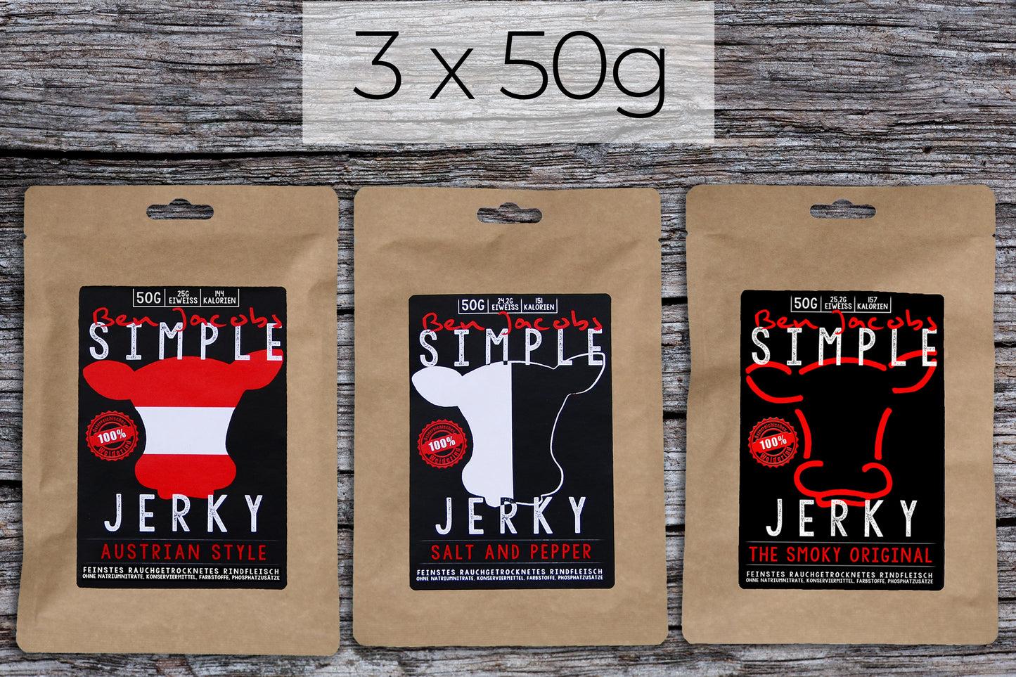 Simple Jerky Mild Box (3 Sorten, 3 x 50g) – Austrian Style, Salt & Pepper, und The Smoky Original. Hochwertiges Trockenfleisch mit natürlichen Zutaten, perfekt für Snack-Liebhaber.